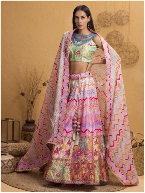 Baby Pink Leheriya Printed Lehenga Set