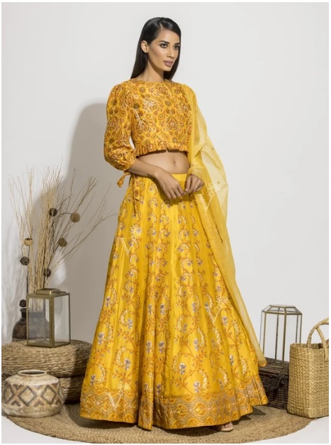 Sun Yellow Pearl Brush Silk Lehenga